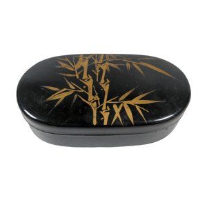 Vintage Asian Style Black Plastic Trinket Box Oval Gold Paint Bamboo Hinged Lid